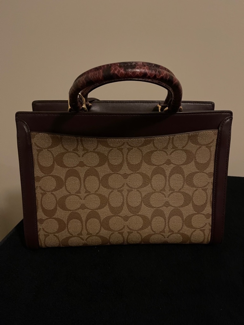 Coach Brown Signature Canvas Tote with Burgundy Leather Trim - Picture 11 of 16